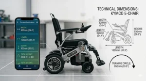 Technical drawing displaying the precise dimensions and tight turning circle of a compact app controlled electric wheelchair.