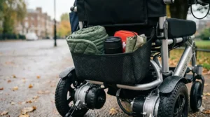 A black mesh underseat storage basket installed on an electric wheelchair for carrying shopping or personal items.