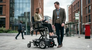 Alt text for image 7: Graphic illustrating the safety and chassis stability features of an electric wheelchair driving while fully elevated.