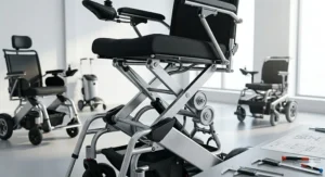 A technical, close-up view of the robust metal scissor lift mechanism and mechanical gears beneath the seat of an elevating electric wheelchair.
