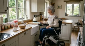 A smiling woman in an electric wheelchair navigating a traditional British country kitchen with a Belfast sink and wooden worktops.
