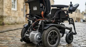 A technical line drawing showing the precise width and seat measurements of an extra wide electric wheelchair to help users choose the correct size.