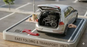 Lightweight foldable electric wheelchair, ideal for car boot storage.