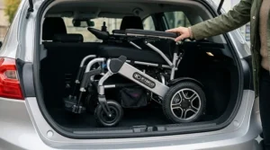 An illustration demonstrating the compact folding action of an electric wheelchair, showing it stored in a UK car boot.