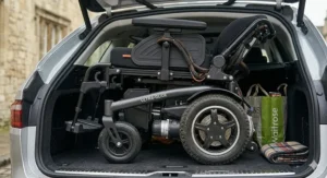 A step-by-step diagram showing an extra wide electric wheelchair being folded down and easily loaded into the boot of a British family hatchback car.