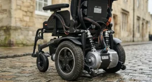 An illustration of a modern, extra wide electric wheelchair smoothly navigating a lowered kerb on a typical busy UK high street.