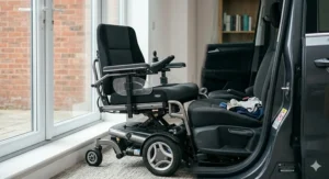 Alt text for image 8: Illustration showing how a height adjustable electric wheelchair lowers to assist with transferring into a British family car.