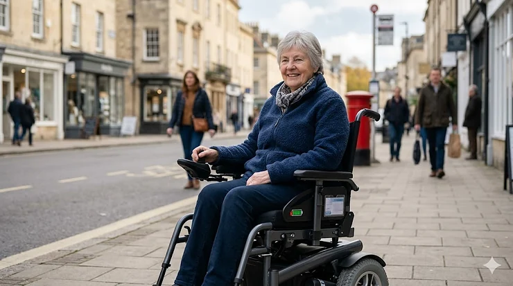 A senior woman confidently navigating a classic British high street in a modern powerchair, illustrating how long electric wheelchair batteries last during typical daily use. how long do electric wheelchair batteries last