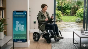 An illustration of an electric wheelchair navigating a tight indoor space using precision app-based control and mapping.
