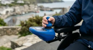 A close-up view of an intuitive joystick controller on a junior powerchair armrest.