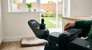 Close-up of an ergonomic joystick controller on a standing electric wheelchair with adjustable armrests.