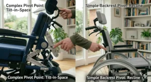 A summary table detailing the key differences between tilt-in-space and reclining wheelchairs regarding postural support and daily use.