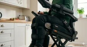 Padded knee supports and a secure chest harness on a powered wheelchair in the standing position.