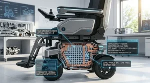 Technical drawing of a high-capacity battery designed for long-range AI navigation in electric wheelchairs.