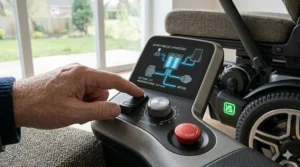 A photorealistic, angled view focusing on a newly visible, detailed array of smart wheelchair sensors, separate from the main control panel. The brushed metallic panel surface features a prominent central round LiDAR sensor with micro-etchings, flanked by two multi-lens camera apertures and a row of powerful LED lights. The single grey textured caster wheel is prominent in the foreground on light-coloured floorboards. The background shows a soft, natural garden view through a large window, with thin cyan data visualizations and text like "NEAR FIELD: 0.5m", "OBSTACLE: CLEAR", "PATHFINDER ACTIVE" projected legibly onto the metal surface.