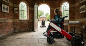 A compact children's electric wheelchair navigating a narrow indoor space.