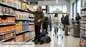 A person using a motorised standing wheelchair to reach items on a high shelf in a UK supermarket.