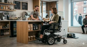Alt text for image 3: A wheelchair user utilizing a seat elevator function to order a drink at a high coffee shop counter in the UK.