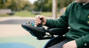 Close-up of an NHS therapist adjusting the ergonomic joystick control on a paediatric electric wheelchair.