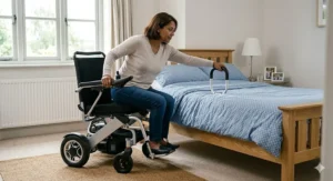 A woman demonstrating a safe transfer from her modern electric wheelchair onto a standard-height wooden bed frame in a brightly lit British bedroom.