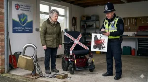 An older woman in a workshop looking at her electric wheelchair with a broken security chain while a UK police officer takes details, highlighting cover for accidental damage and theft.