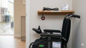 A graphic icon showing how total user weight and extra cargo, like shopping bags, increase the rate of wheelchair battery drain.