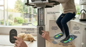 A detailed technical breakdown of a standing frame's electro-mechanical drive system and real-time circulation monitor.
