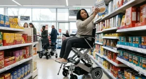 A woman using an elevating seat electric wheelchair to easily reach for an item on a high shelf in a British supermarket aisle.