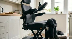 Detailed view of the contoured pressure-relief cushion and adjustable headrest on a standing wheelchair.