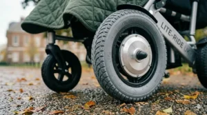 Close-up of durable, puncture-proof grey tyres suitable for varied UK terrain and urban surfaces.