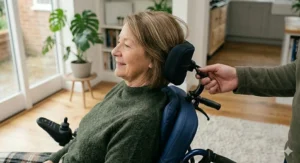 A person resting comfortably in a reclining wheelchair, illustrating the benefits for relaxation and carer-assisted positioning.