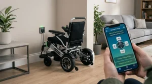 Illustration showing the app controlled electric wheelchair using its remote parking function to dock into a charging station.