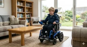 A child using a junior powerchair to move confidently between furniture in a home setting.