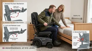 Diagram showing the flip-back armrests and footplates of a standing wheelchair to facilitate safe transfers.
