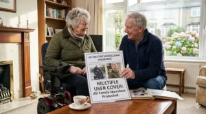 An elderly British couple in their living room with an insurance document, highlighting a policy that provides multiple user cover for all family members.