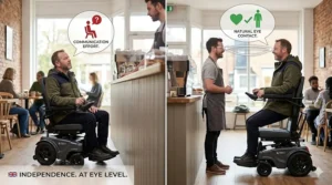 Side-by-side comparison of a wheelchair user at seated height versus standing height during a social gathering.