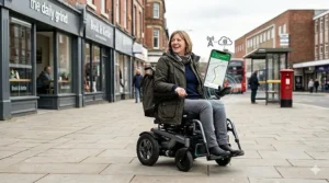 A close-up view of a high-tech smart electric wheelchair controller and navigation interface, integrated into the armrest. A person's right hand with a silver watch is touching the screen, which shows a map of street routes, an arrival time of 13:16, and a destination marker for 'Central Station'. The controller has a grey metal joystick with an integrated LED ring, tactile buttons, and data readouts.