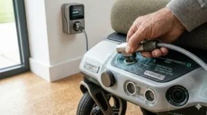A photorealistic illustration focusing on a different section of the smart powerchair, near the frame and wheel assembly. Natural daylight from a large window illuminates the scene, casting realistic, soft shadows and defining textures.