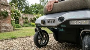 A photorealistic, close-up photograph capturing the moment a detailed smart wheelchair control console is docked for power. An aged hand, with weathered skin and a silver ring, is shown carefully inserting a robust, multi-pin, custom power connector into the central round sensor array socket, which has a distinct, color-coded internal connector port. The connector cable is a high-quality, grey braided fiber, leading to a wall-mounted charging unit that features a small, clear screen displaying 'CHARGING: 68%'. All text overlays are present and perfectly legible, with their thin cyan data lines: 'NEAR FIELD: 0.5m', 'PATHFINDER ACTIVE', 'SYSTEM: CLEAR', and the simplified text like 'SENSOR' and 'UI' are subtly in place on the panel surface.
