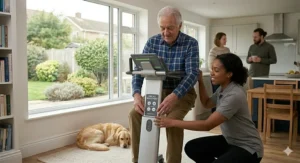 A detailed view of a healthcare professional assisting a senior user with the fine adjustment settings on a motorised standing frame.