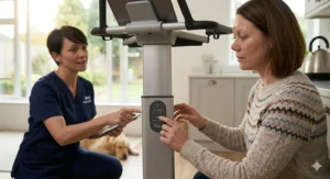 A close-up of a user and a healthcare professional operating the motorised control unit of a powered standing frame.