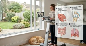 An infographic-style illustration detailing how a powered standing frame reduces muscle atrophy and improves respiratory function.