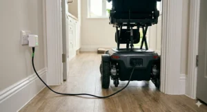 A standing electric wheelchair plugged into a UK wall socket for charging in a hallway.