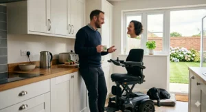 A wheelchair user in the standing position engaging in an eye-level conversation with a friend outdoors.