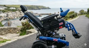 A junior powerchair demonstrating the seat tilt function for optimal postural support.