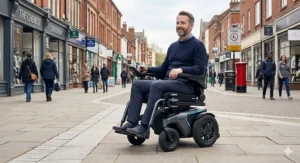 Alt text for illustration 7: An illustration of a user operating an IoT electric wheelchair via voice activation and integrated assistive technology.