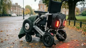High-visibility LED lights attached to the frame of a powerchair for safer travel on UK pavements at night.