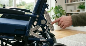 A comparison graphic showing the stable base of a tilt-in-space wheelchair versus the footprint of a reclining wheelchair.