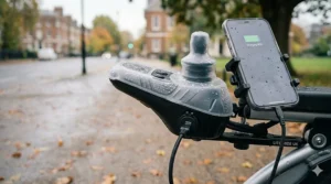 A mobile phone holder with a USB charging port attached to the armrest of a powered wheelchair.