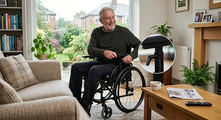 An elderly British man smiling and seated comfortably in a modern manual wheelchair with adjustable height armrests within a cozy, light-filled UK living room. adjustable height armrests wheelchair
